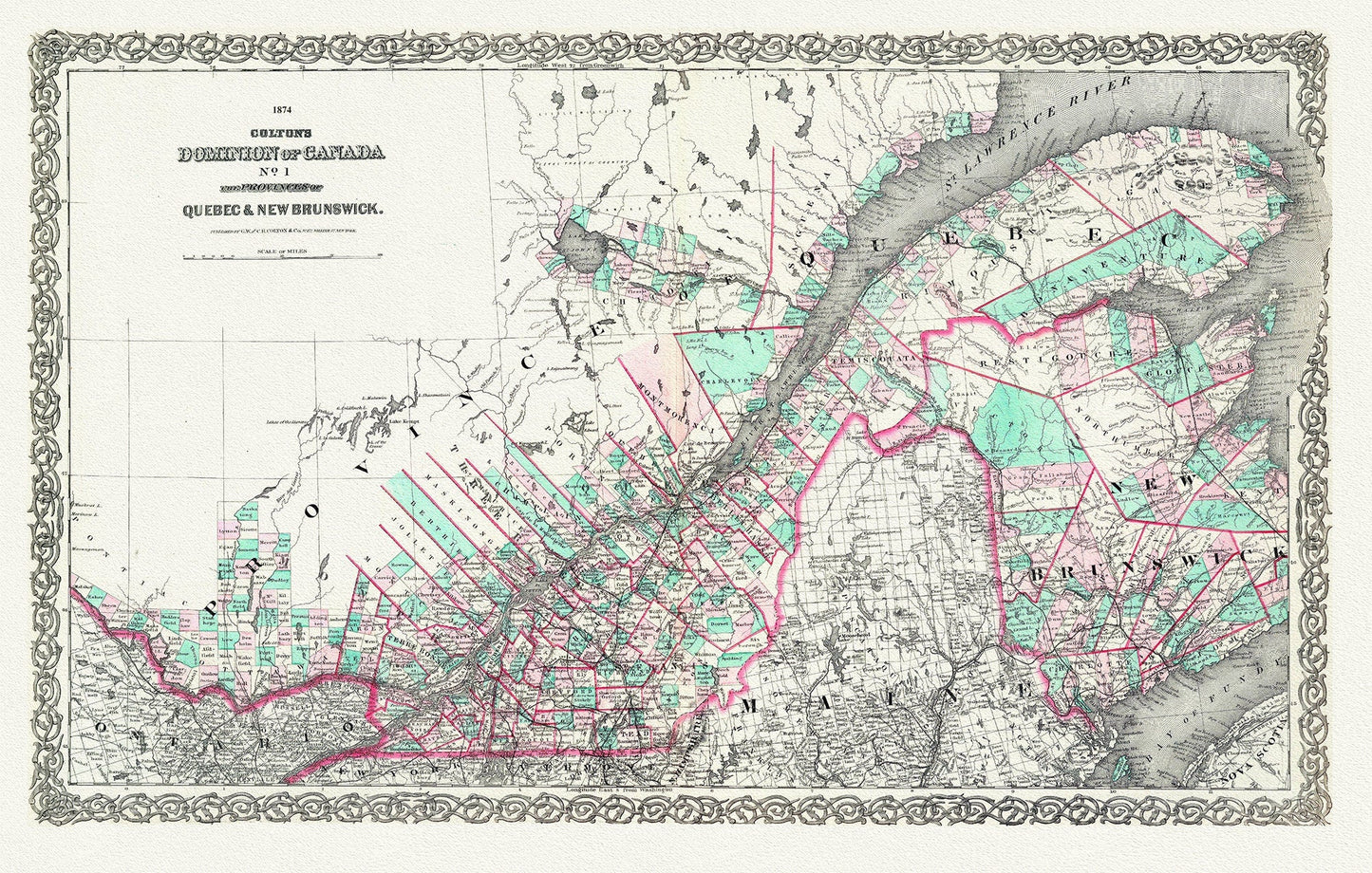 Quebec & New Brunswick, 1874, Colton auth., map on durable cotton canvas, 50 x 70 cm, 20 x 25" approx. - The Map Chest