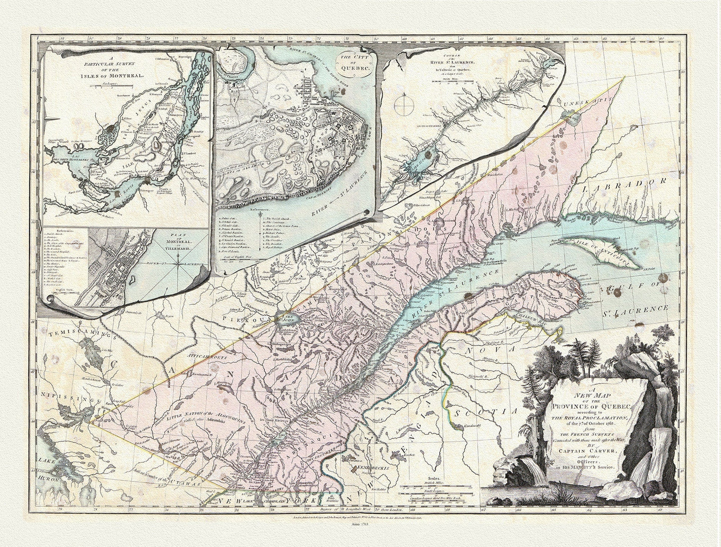 Quebec: Sayer et Carver, A new map of the Province of Quebec, according to the 1763 Royal Proclamation, 1776, cotton canvas, 22x27" approx. - The Map Chest