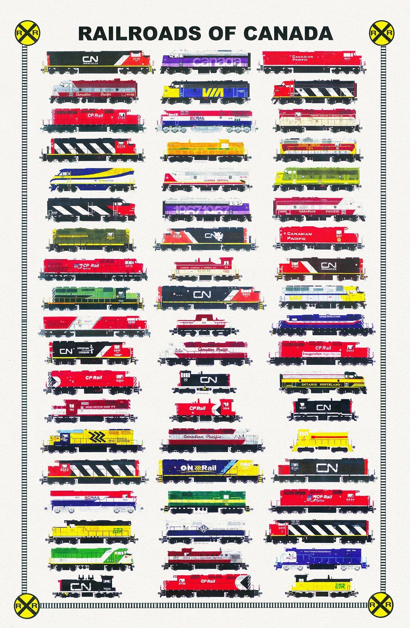 Rail Roads of Canada, A modern Illustration on heavy cotton canvas, 45 x 65 cm, 18 x 24" approx. - The Map Chest
