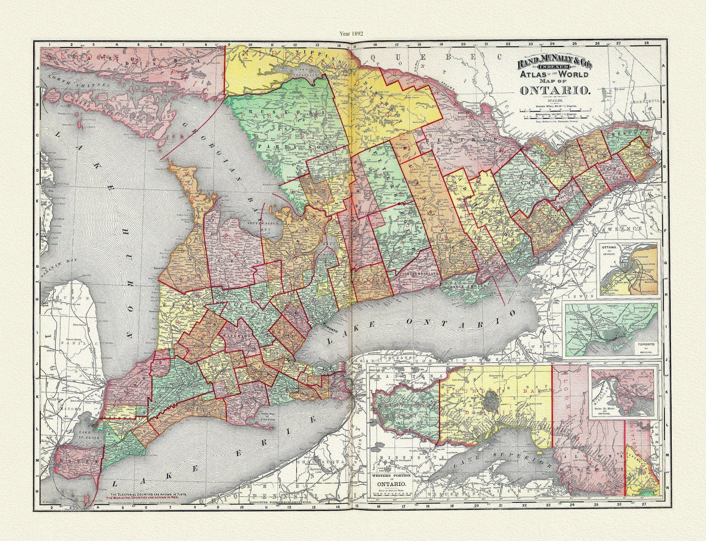 Rand, McNally & Co., Province of Ontario, 1892, map on heavy cotton canvas, 22x27" approx. - The Map Chest