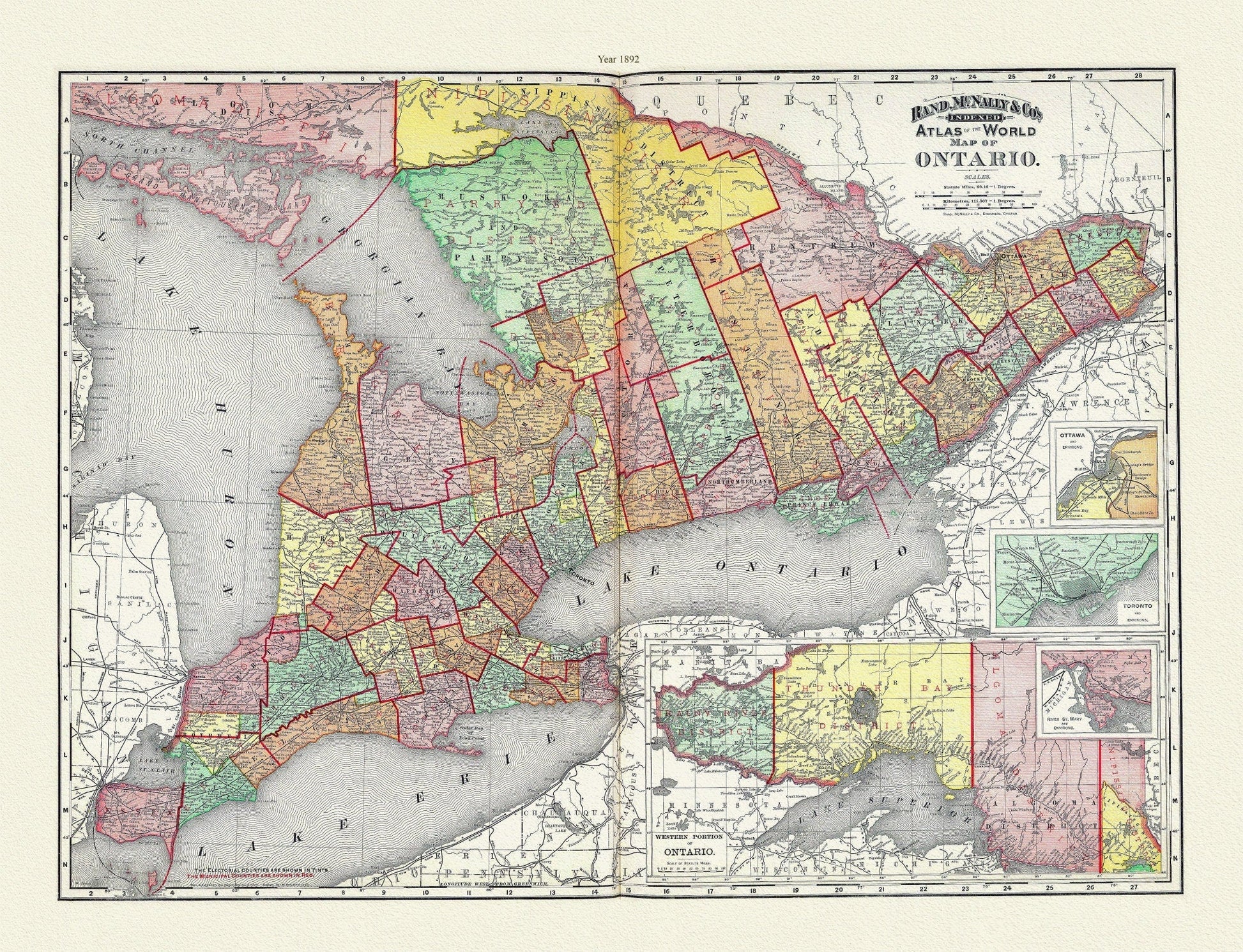 Rand, McNally & Co., Province of Ontario, 1892, map on heavy cotton canvas, 22x27" approx. - The Map Chest