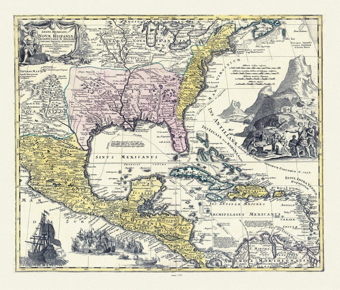 Regni Mexicani seu Novæ Hispaniæ, Ludovicianæ, N. Angliæ, Carolinæ, Virginæ et Pensylvaniæ in America Septentrionali, 1759 canvas 22x27" - The Map Chest