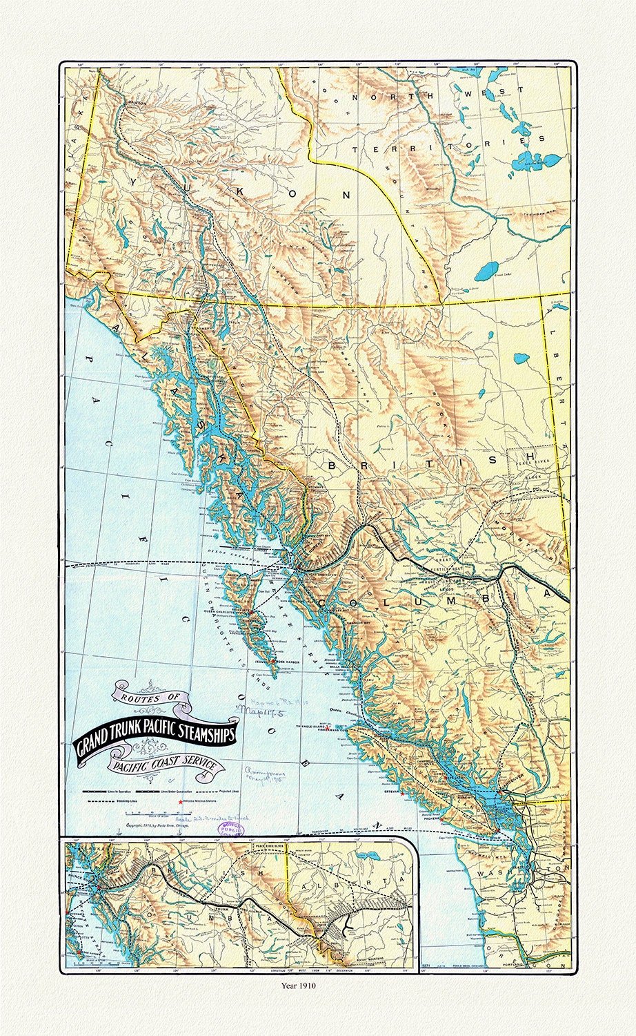 Routes of Grand Trunk Pacific Steamships Pacific coast service, Poole Bros. auths., 1910, map on durable cotton canvas, 20 x 25" approx. - The Map Chest