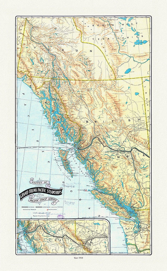 Routes of Grand Trunk Pacific Steamships Pacific coast service, Poole Bros. auths., 1910, map on durable cotton canvas, 20 x 25" approx. - The Map Chest