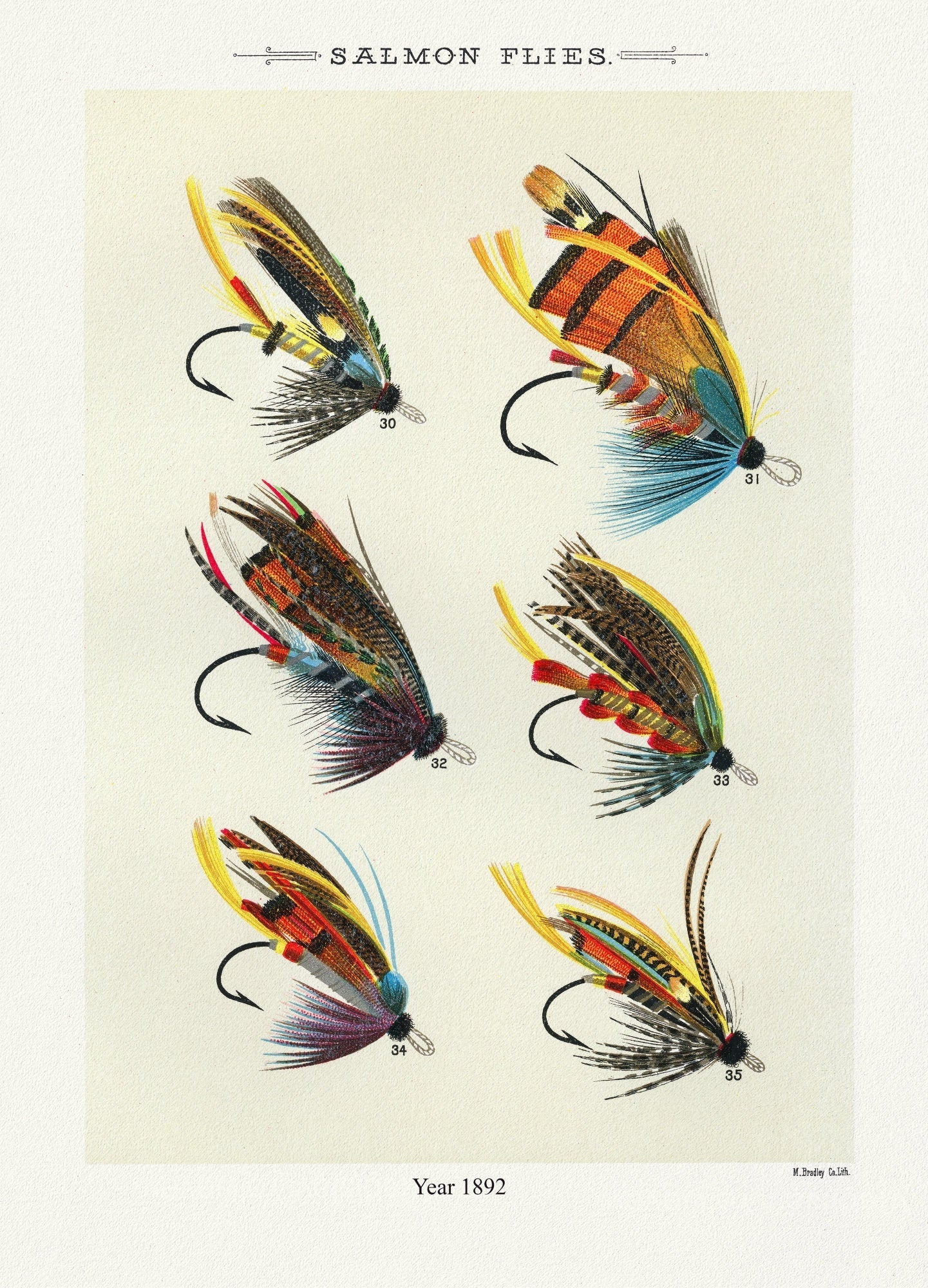 Salmon Flies, 1892 by Mary Orvis Marbury, vintage nature print on canvas, 50 x 70 cm, 20 x 25" approx. - The Map Chest