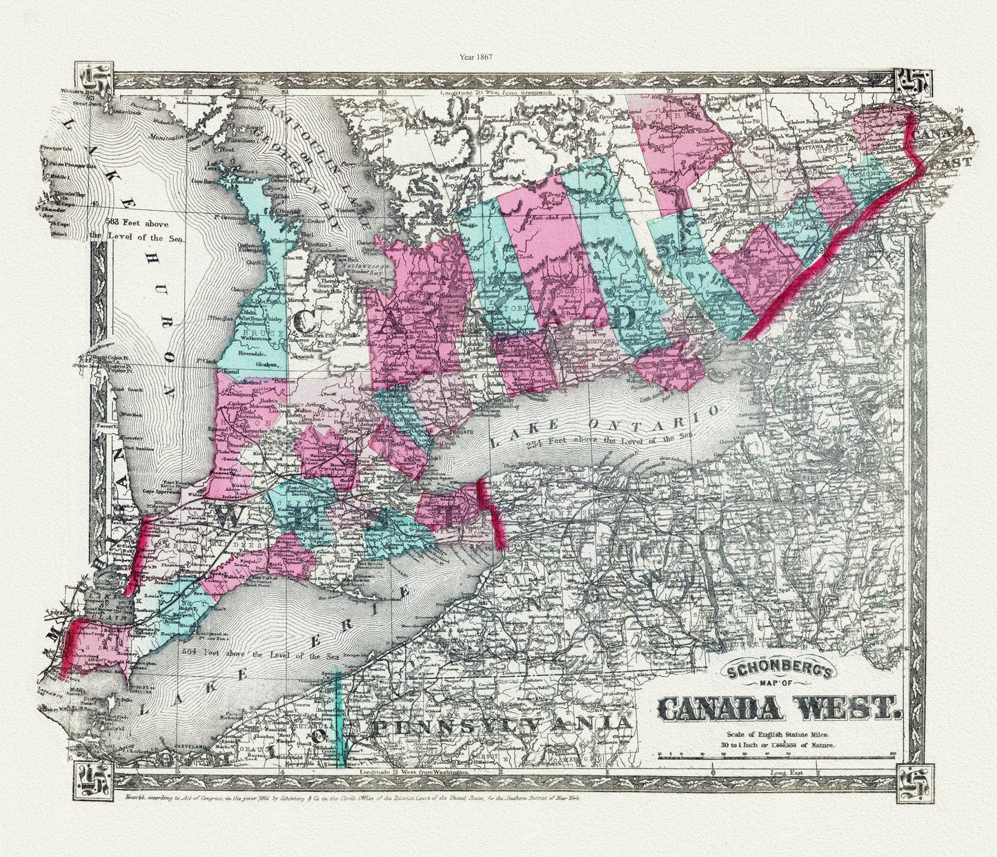 Schonberg's Map of Canada West, 1867 , map on heavy cotton canvas, 22x27" approx. - The Map Chest