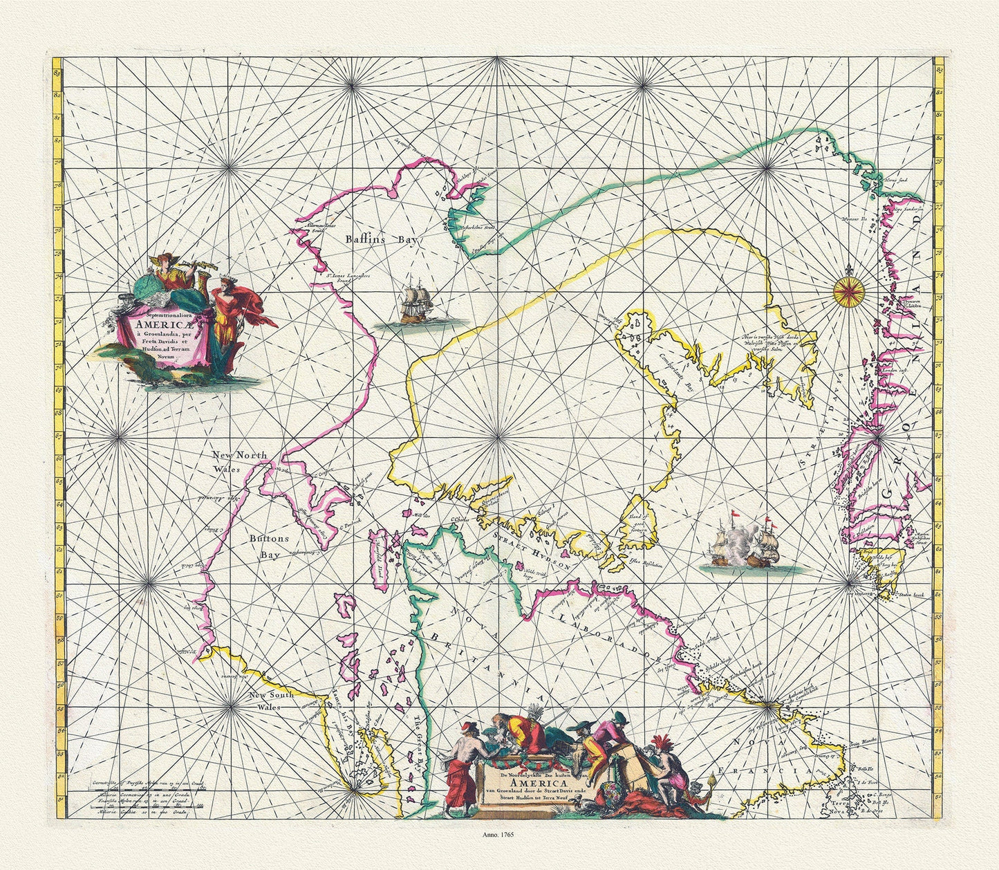 Septemtrionaliora Americae a Groenlandia, per Freta Davidis et Hudson, de Straet Davis end Straet Hudson tot Terra Neuf, 1765, 22x27" canvas - The Map Chest