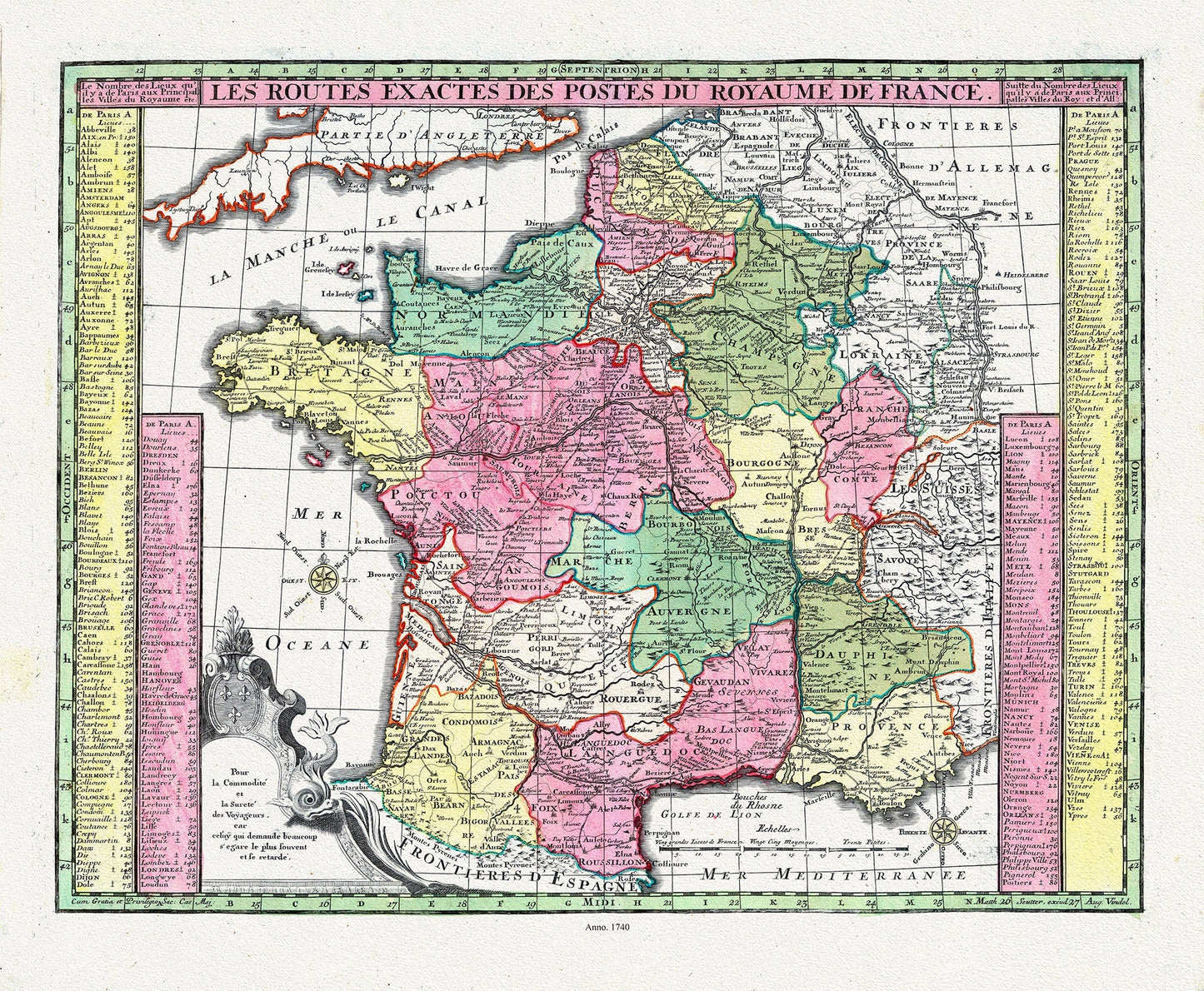 Seutter, Matthaeus ,No.7, Les Routes Exactes des Postes du Royaume de France, 1740 ,une carte sur toile de coton épais, 56x70cm environ - The Map Chest