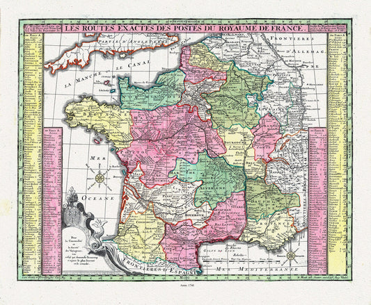 Seutter, Matthaeus ,No.7, Les Routes Exactes des Postes du Royaume de France, 1740 ,une carte sur toile de coton épais, 56x70cm environ - The Map Chest