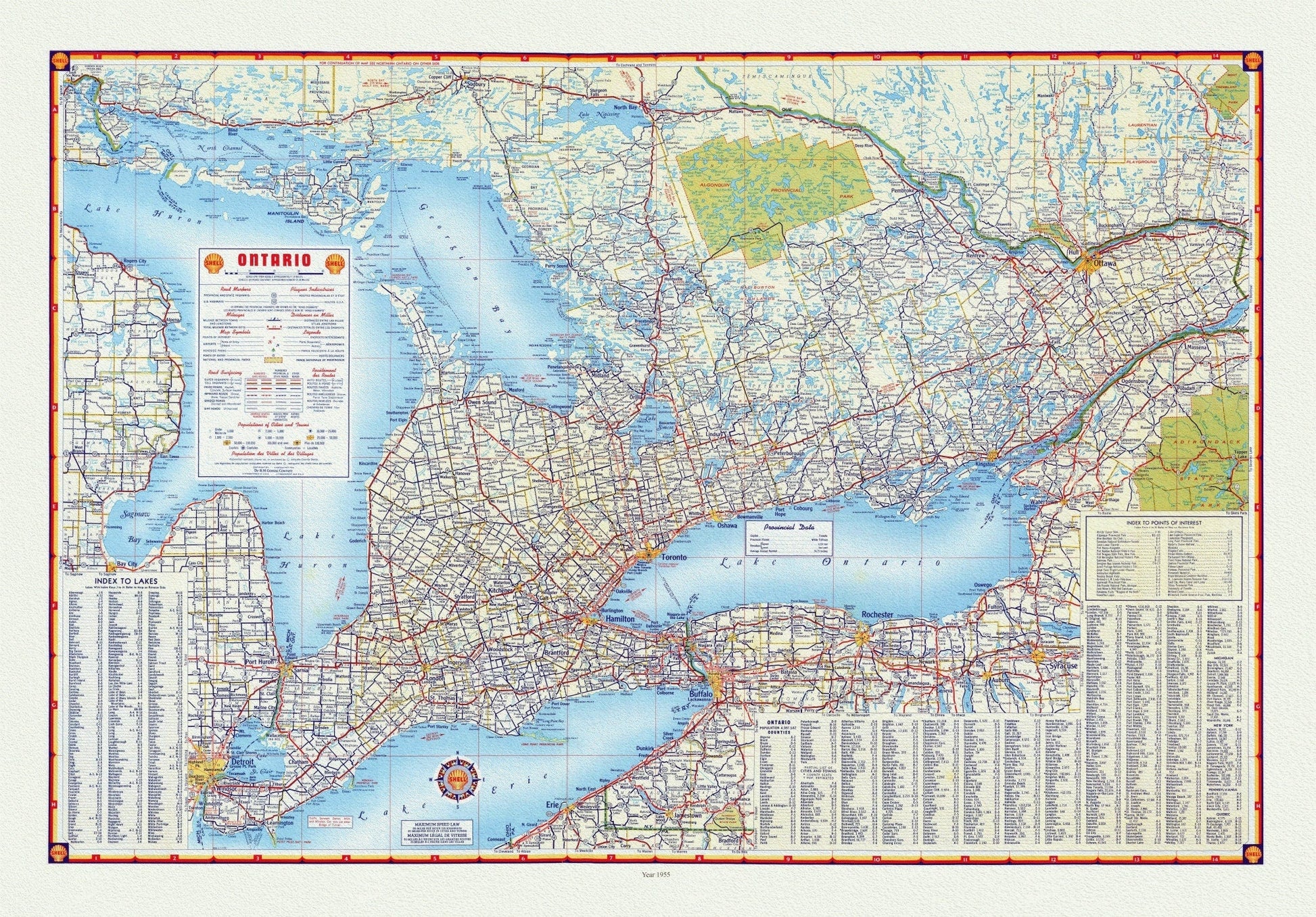 Shell Oil Company of Canada, Road Map of Ontario, 1955, map on heavy cotton canvas, 22x27" approx. - The Map Chest
