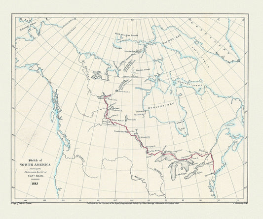 Sketch of North America shewing the proposed route of Capt. Back, 1833, map on heavy cotton canvas, 50 x 70 cm, 20 x 25" approx. - The Map Chest