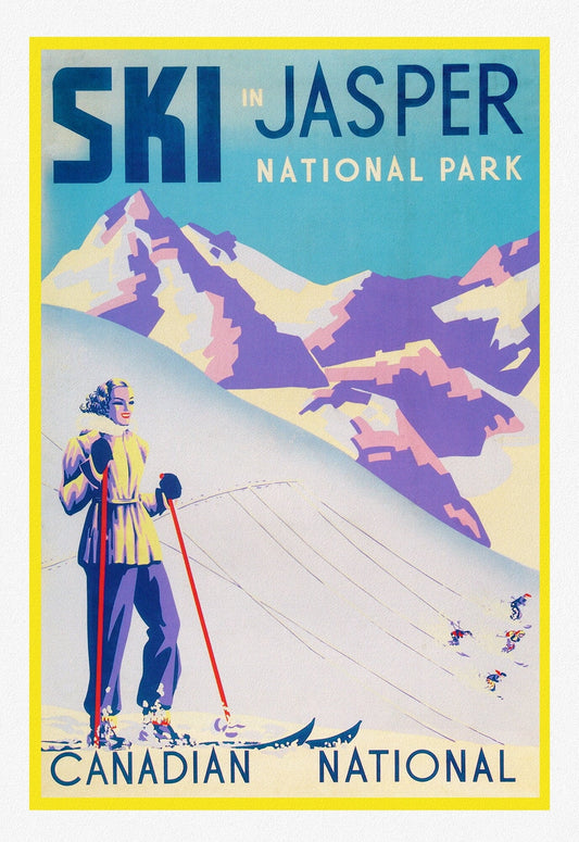 Ski in Jasper, Canadian National, travel poster on heavy cotton canvas, 20x25" approx. - The Map Chest