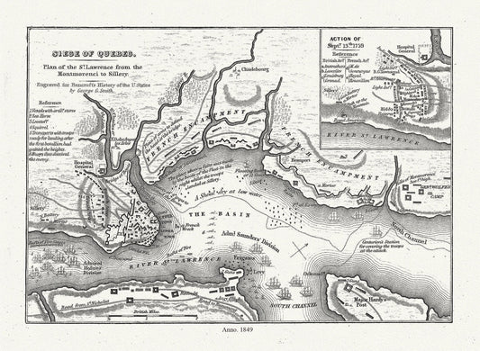 Smith, Siege of Quebec Plan of the St. Lawrence from the Montmorenci to Sillery, 1849 , map on heavy cotton canvas, 20 x 25" approx. - The Map Chest