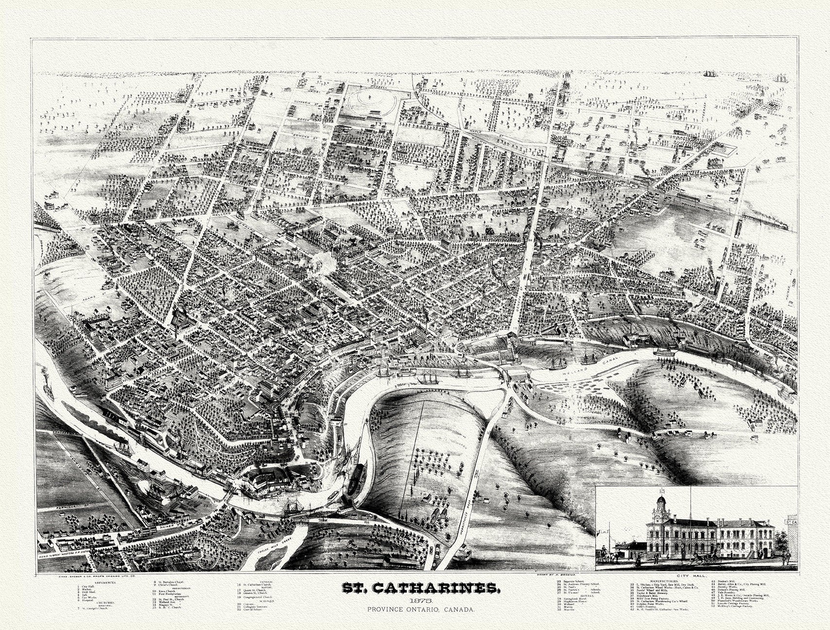 St. Catharines, Ont., A birdseye View, 1878, map on durable cotton canvas, 50 x 70 cm, 20 x 25" approx. - The Map Chest