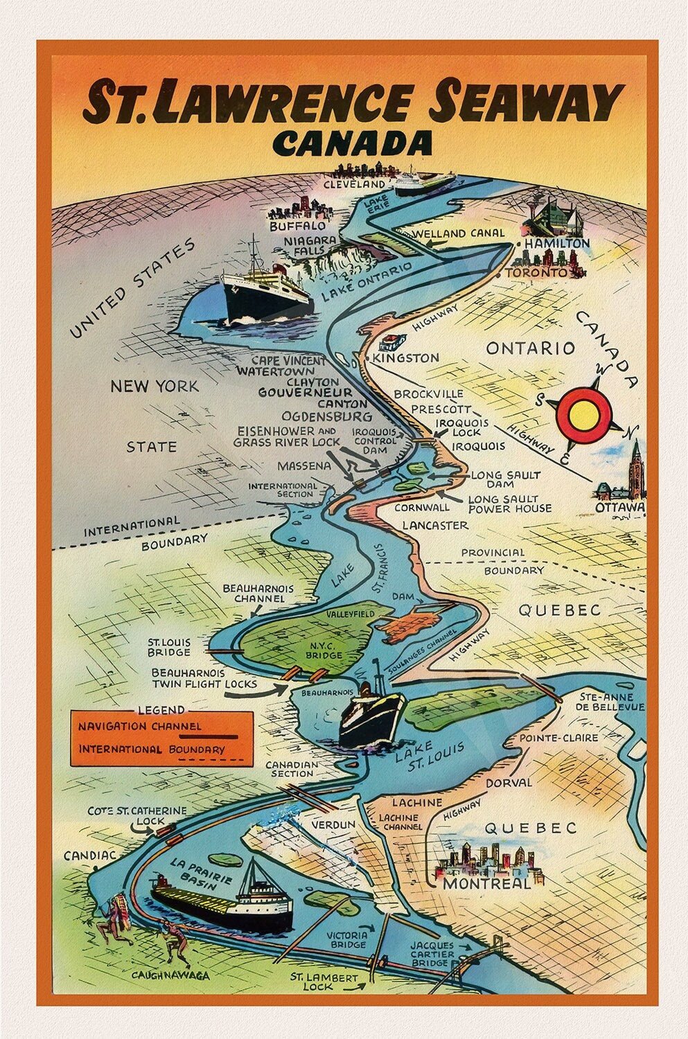 St. Lawrence Seaway Canada , map on durable cotton canvas, 50 x 70 cm, 20 x 25" approx. - The Map Chest