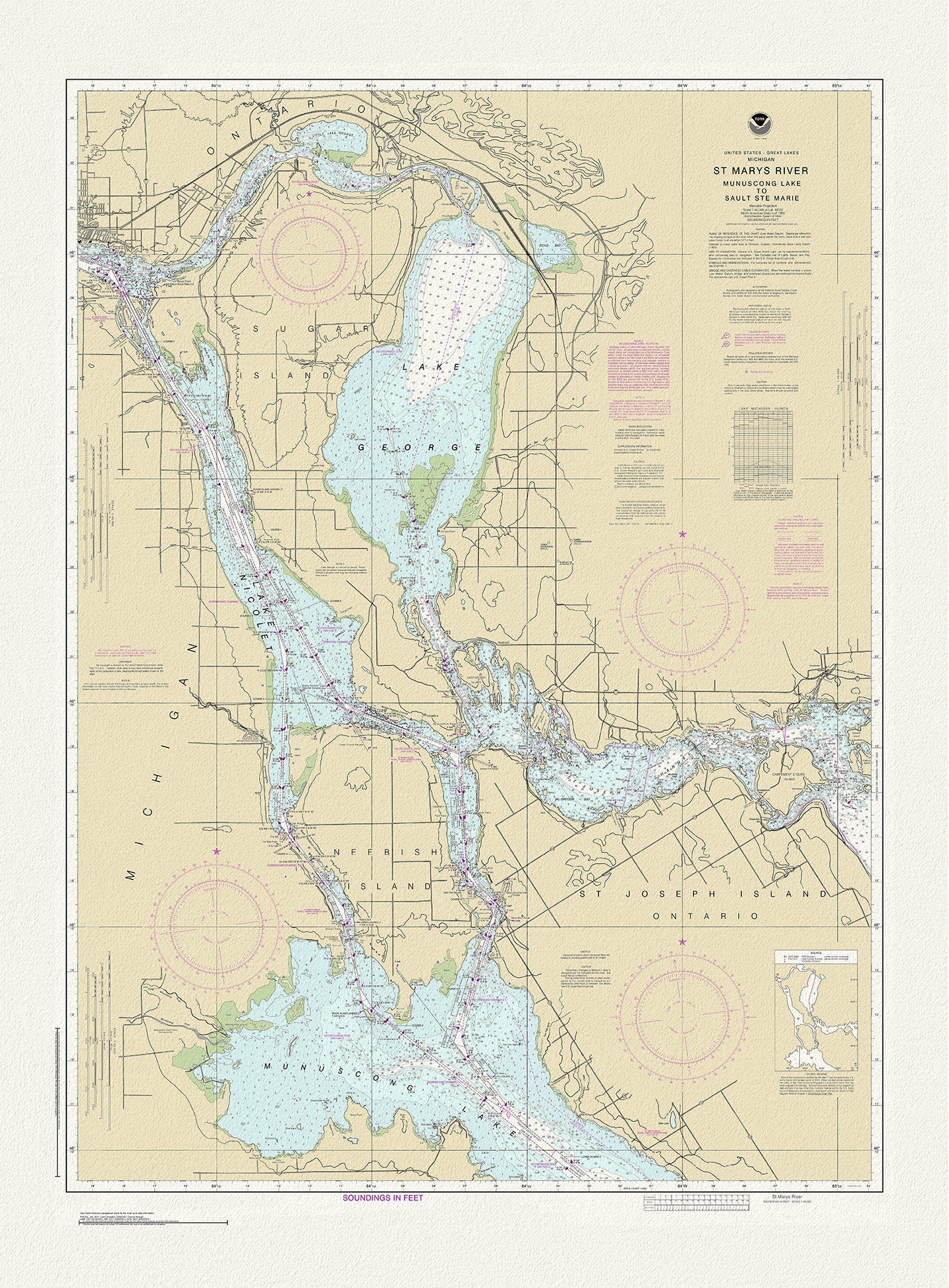 St. Mary's River, Manuscong Lake to Sault Ste Marie, 1983 , map on durable cotton canvas, 50 x 70 cm or 20x25" approx. - The Map Chest
