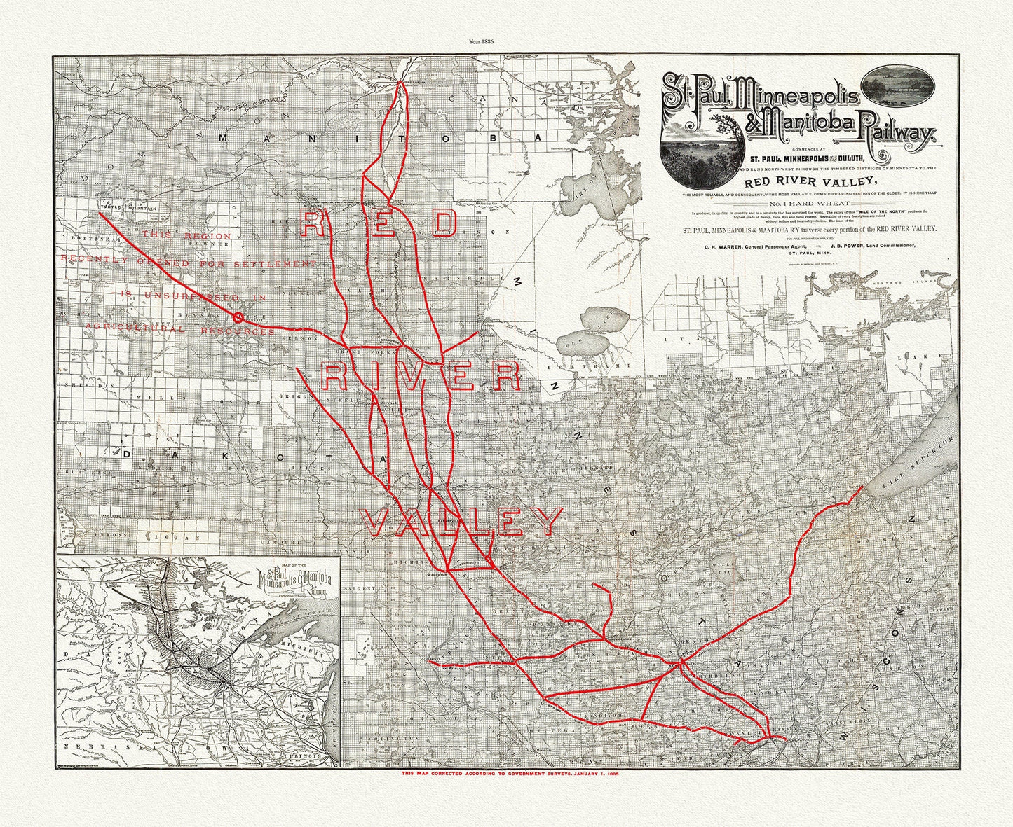 St. Paul, Minneapolis & Manitoba Railway, 1886 , map on durable cotton canvas, 50 x 70 cm, 20 x 25" approx. - The Map Chest