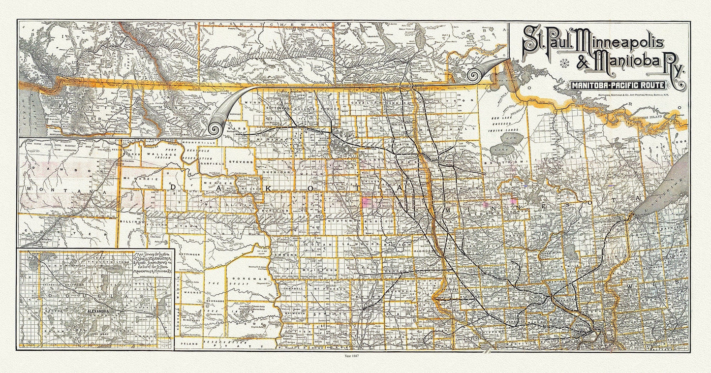 St. Paul, Minneapolis & Manitoba Railway, 1887, map on durable cotton canvas, 50 x 70 cm, 20 x 25" approx. - The Map Chest