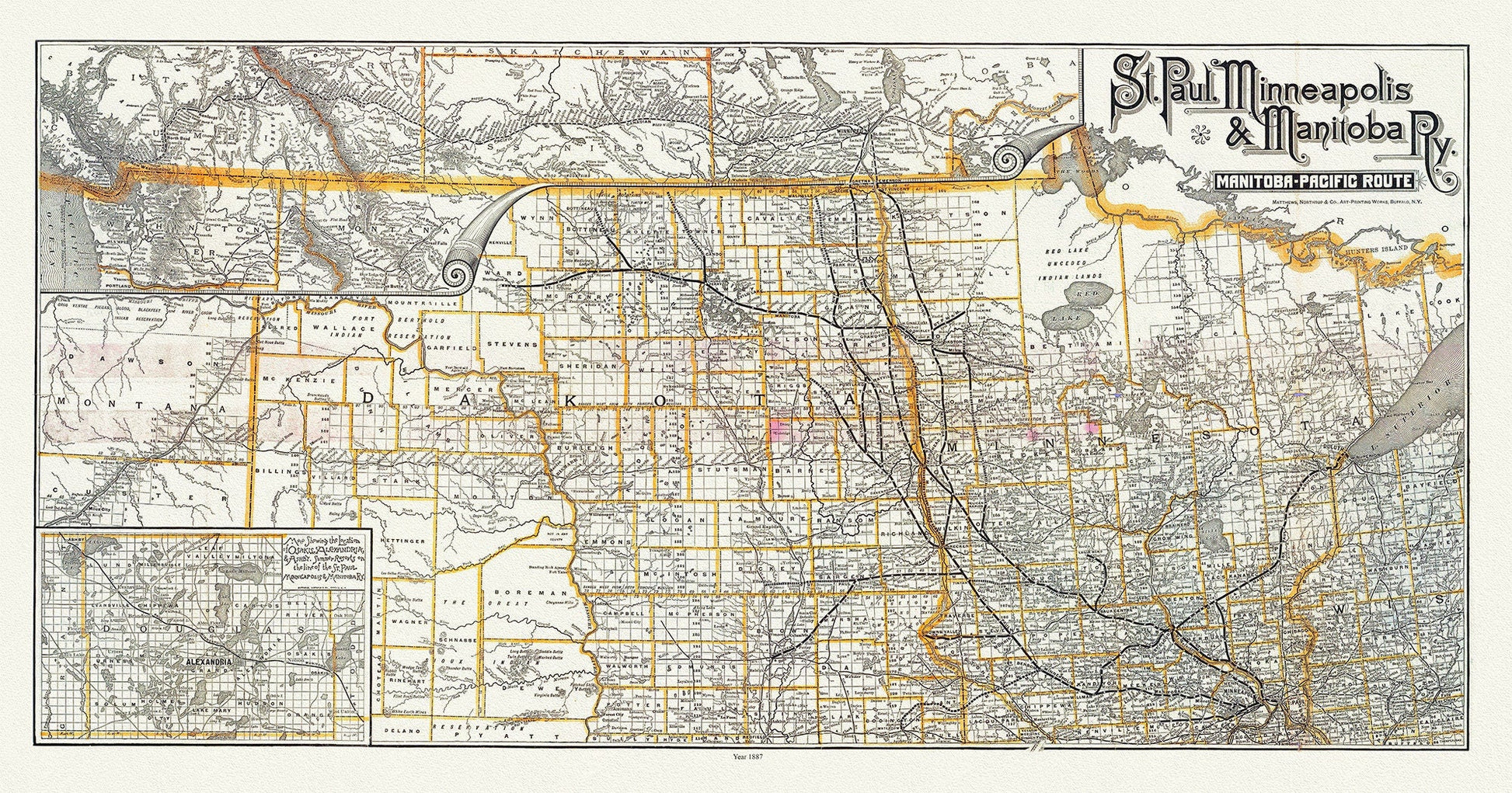 St. Paul, Minneapolis & Manitoba Railway, 1887, map on durable cotton canvas, 50 x 70 cm, 20 x 25" approx. - The Map Chest
