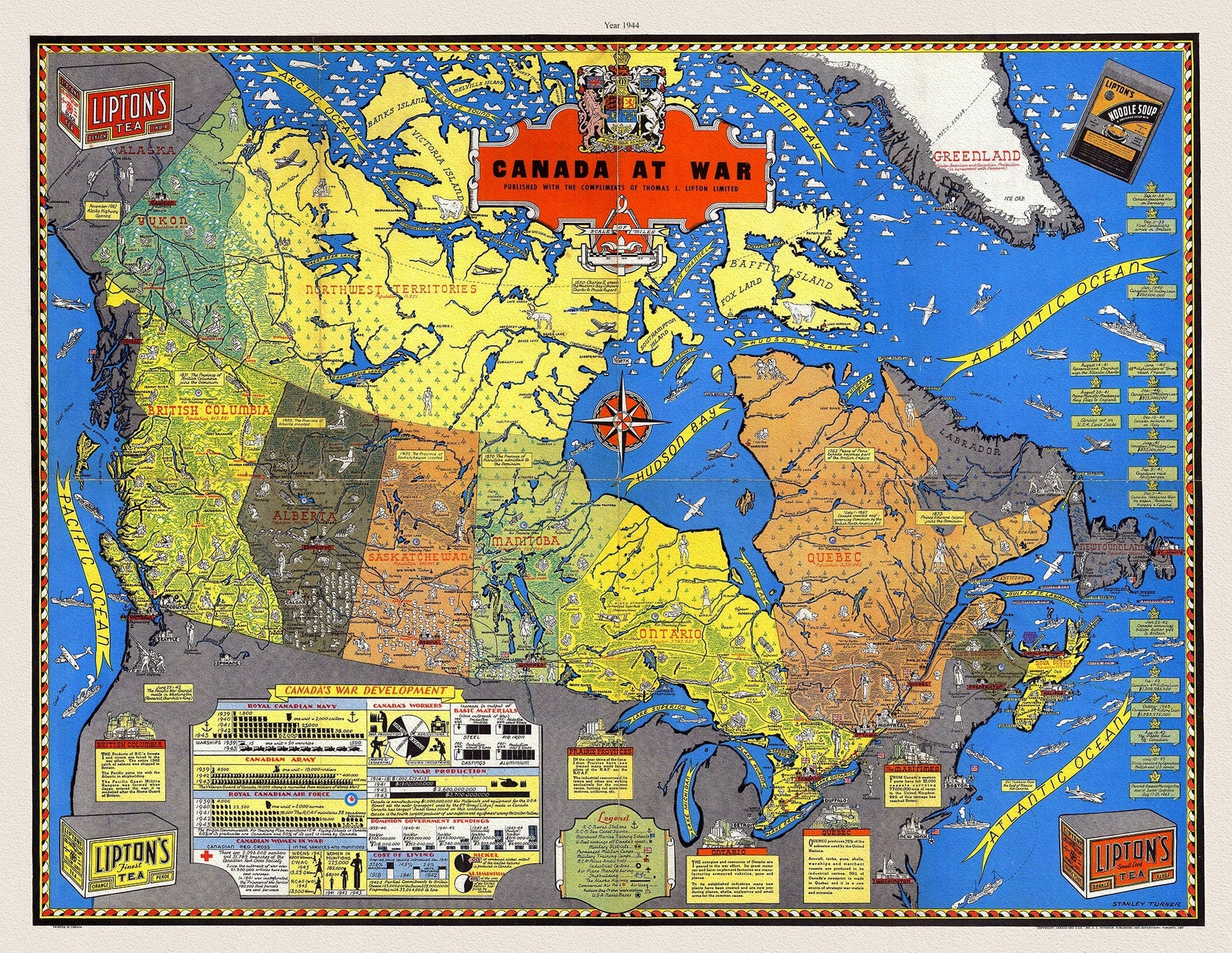 Stanley Turner, Canada at War, 1944, vintage war poster on durable cotton canvas, 50 x 70 cm, 20 x 25" approx. - The Map Chest