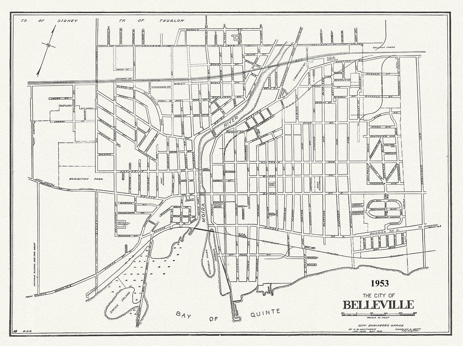 The City of Belleville, Hastings County, Ontario, 1953, map on durable cotton canvas, 50 x 70 cm, 20 x 25" approx. - The Map Chest