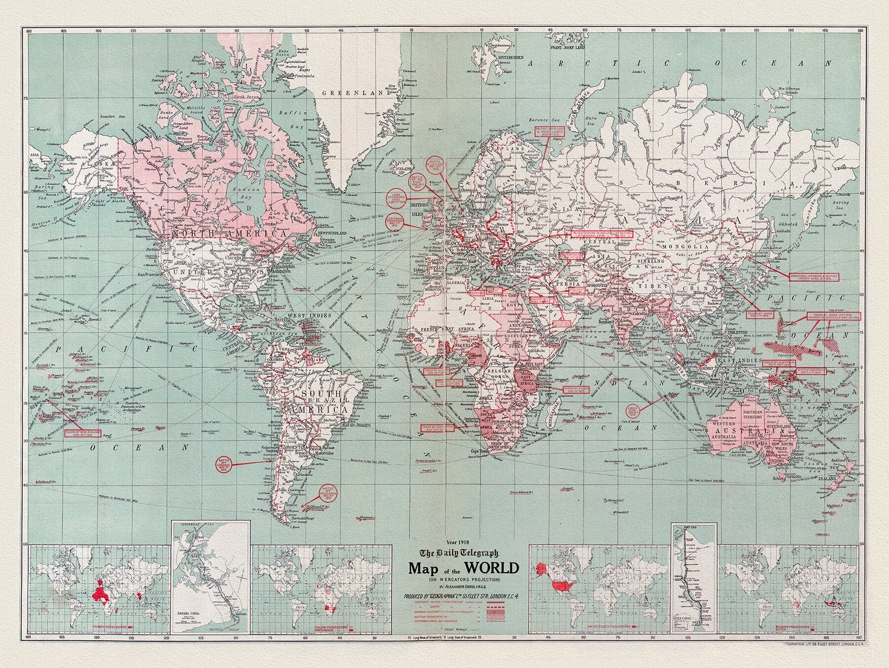 The Daily Telegraph, Map of the World on Mercator's Projection, 1918 ,Map on heavy cotton canvas, 22x27in. approx. - The Map Chest