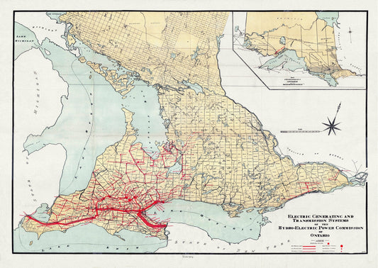The Electric Generating and Transmission Systems of the Hydro, Electric Power Commission of Ontario, 1914 , map on canvas, 22x27" approx. - The Map Chest