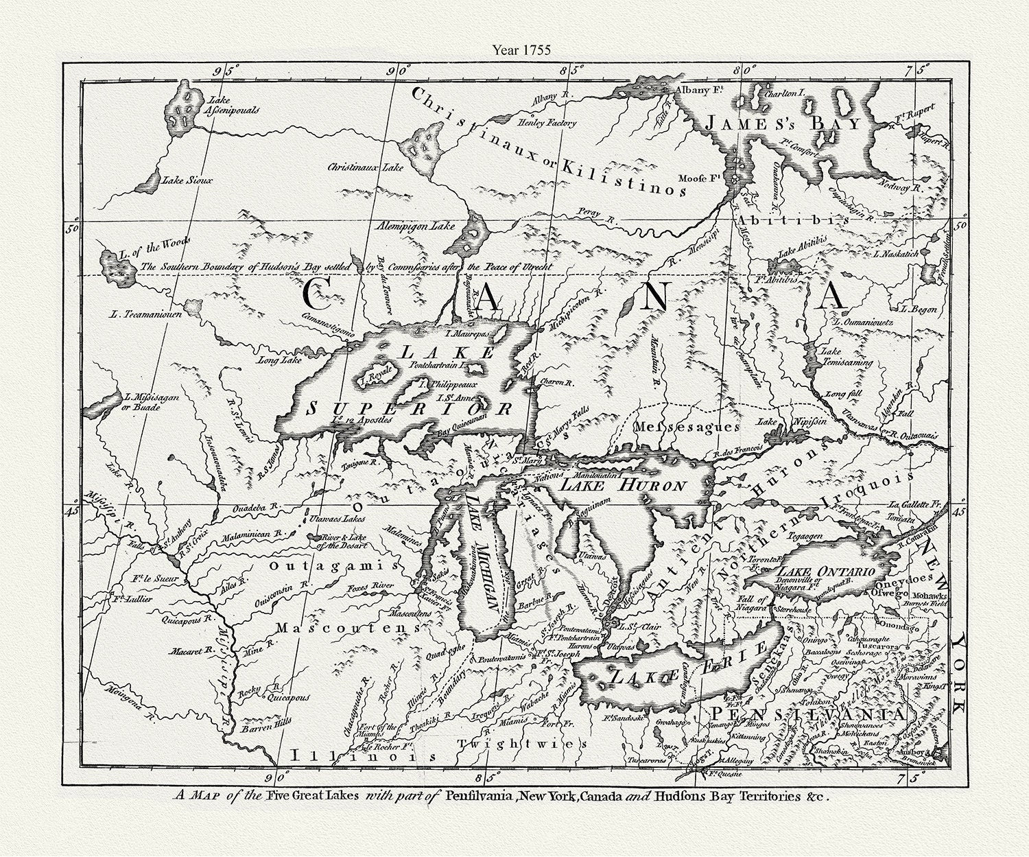 The Five Great Lakes with part of Pensilvania, New York, Canada and Hudsons Bay territories &c.,1755 , canvas, 50 x 70 cm, 20 x 25" approx. - The Map Chest