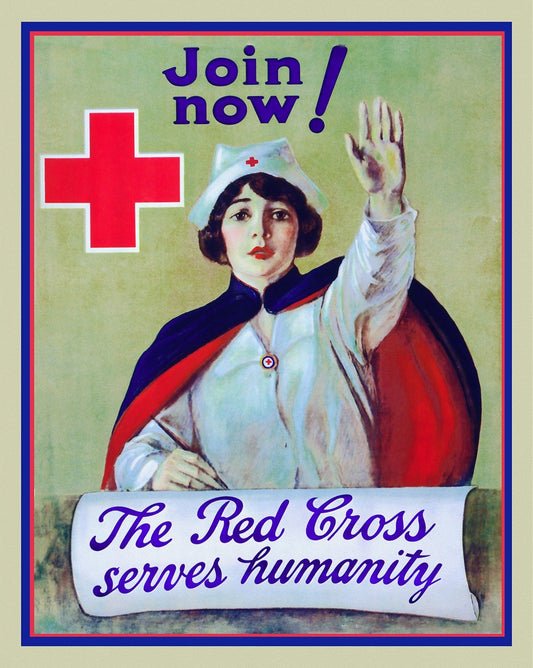 The Red Cross Serves Humanity, Join Now! , vintage war poster on durable cotton canvas, 50 x 70 cm, 20 x 25" approx. - The Map Chest
