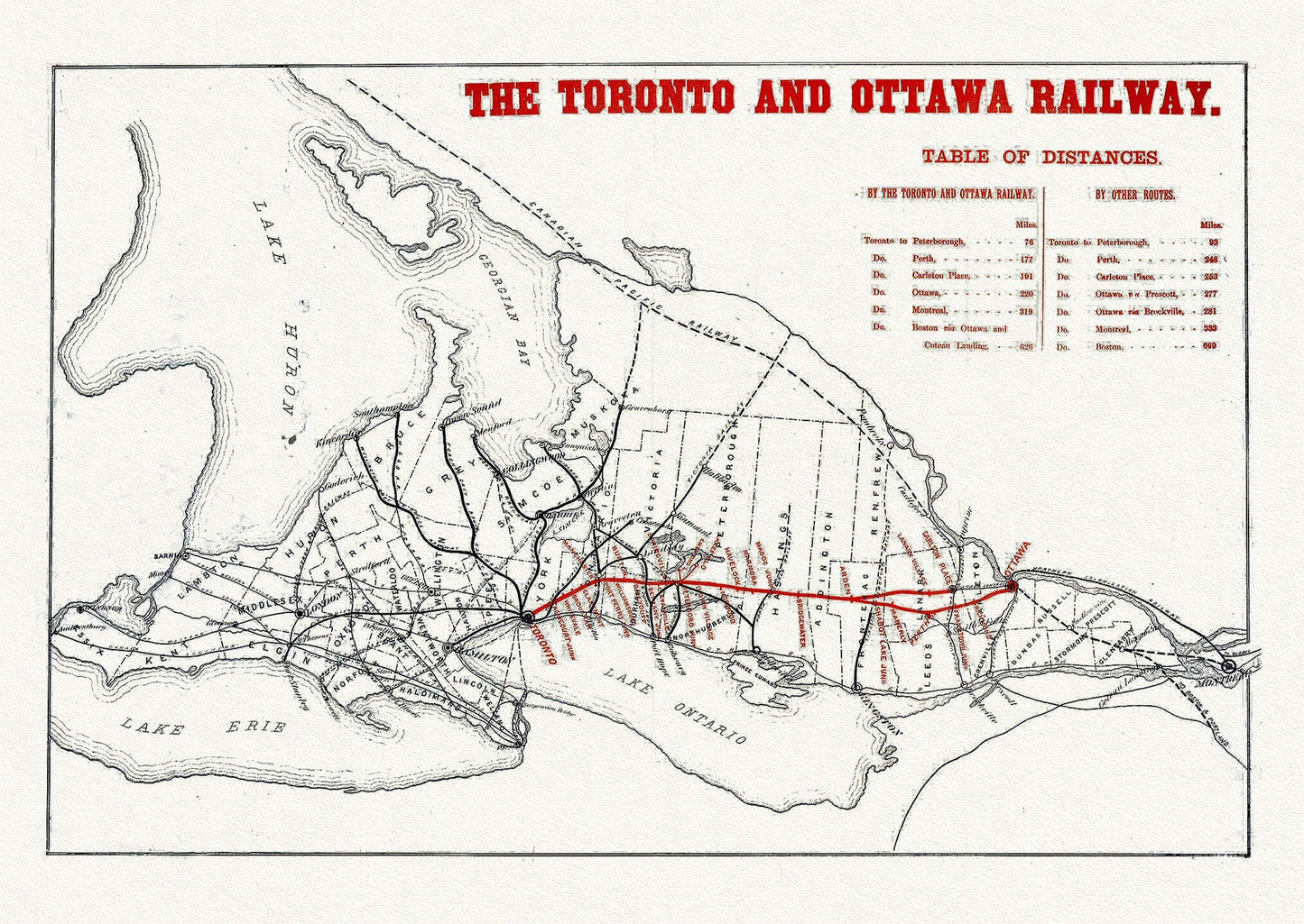 The Toronto and Ottawa Railway, Ontario, map on durable cotton canvas, 50 x 70 cm or 20x25" approx. - The Map Chest