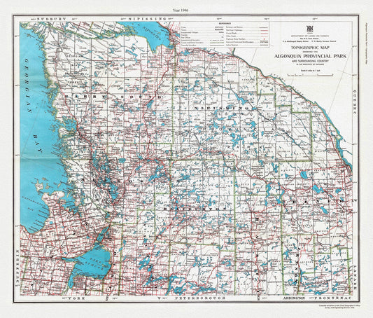 Topographic Map showing the Algonquin Provincial Park and surrounding country in the Province of Ontario, 1946, cotton canvas, 22x27" - The Map Chest