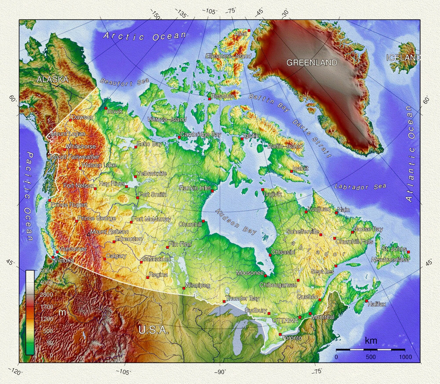 Topographical Map of Canada, vintage map reprinted on durable cotton canvas, 50 x 70 cm, 20 x 25" approx. - The Map Chest