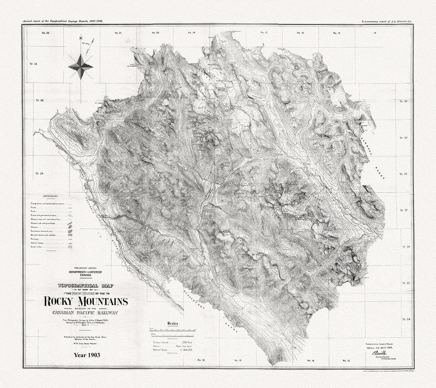 Topographical map of part of the main range of the Rocky Mountains adjacent to the Canadian Pacific Railway, 1903, Canvas 20 x 25" approx. - The Map Chest