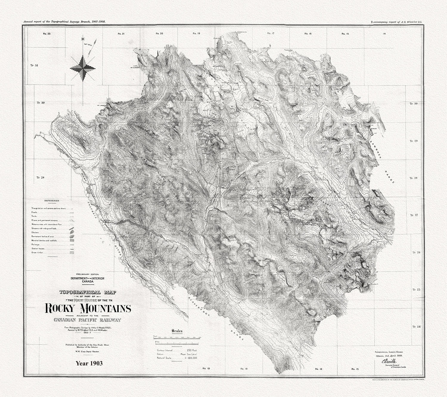 Topographical map of part of the main range of the Rocky Mountains adjacent to the Canadian Pacific Railway, 1903, Canvas 20 x 25" approx. - The Map Chest
