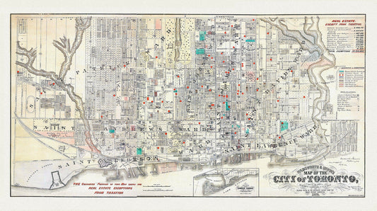 Toronto, Areas Exempt from Real Estate Taxation, 1878, map on heavy cotton canvas, 22x27" approx. - The Map Chest