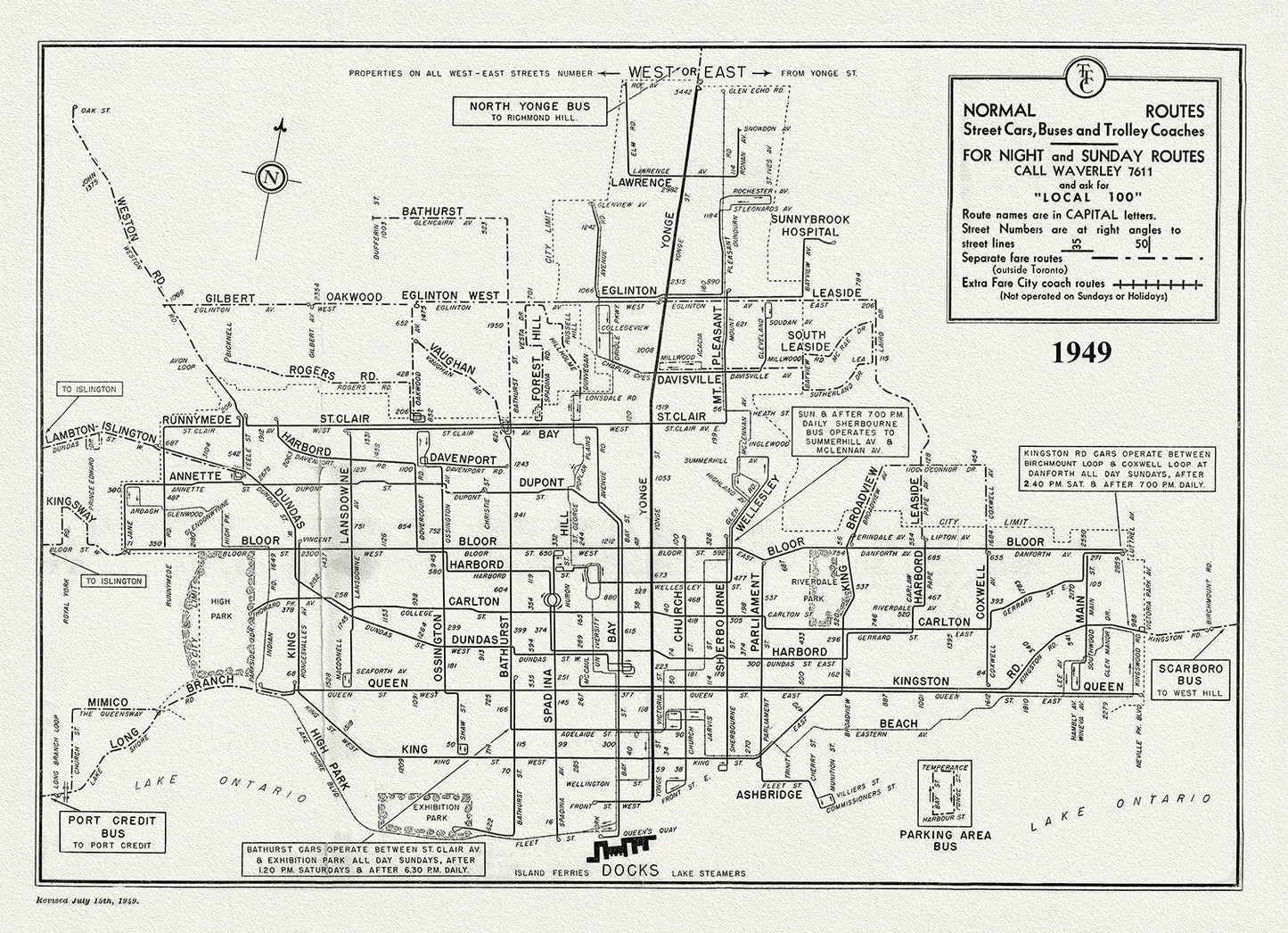 Toronto Bus Routes, 1949 , map on heavy cotton canvas, 22x27" approx. - The Map Chest