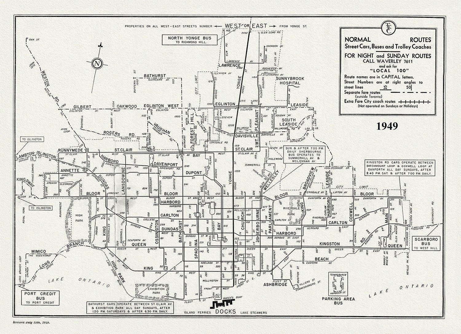 Toronto Bus Routes, 1949 , map on heavy cotton canvas, 22x27" approx. - The Map Chest