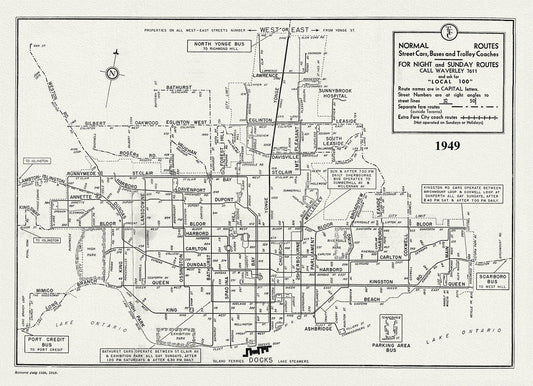 Toronto Bus Routes, 1949 , map on heavy cotton canvas, 22x27" approx. - The Map Chest