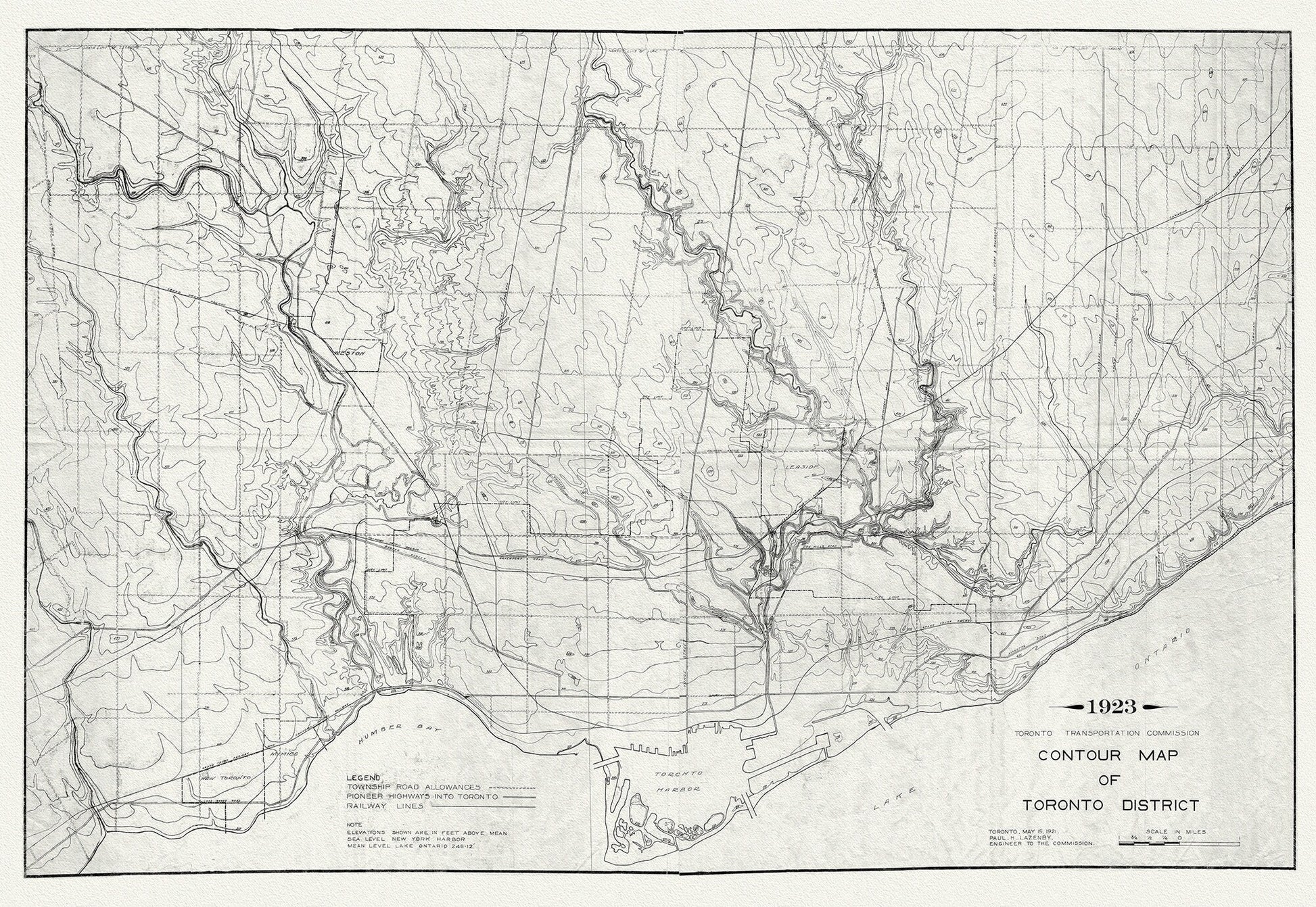 Toronto: Contour Map , 1923 , map on heavy cotton canvas, 22x27" approx. - The Map Chest