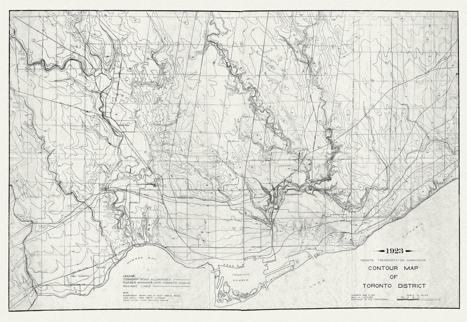 Toronto: Contour Map , 1923 , map on heavy cotton canvas, 22x27" approx. - The Map Chest