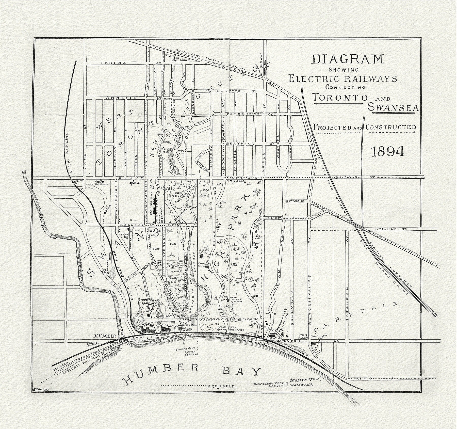 Toronto: Diagram showing electric railways connecting Toronto and Swansea projected and constructed, 1894, map on canvas, 20 x 25" approx - The Map Chest