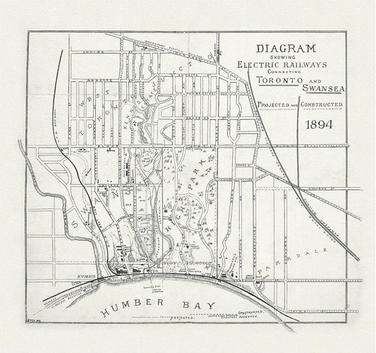 Toronto: Diagram showing electric railways connecting Toronto and Swansea projected and constructed, 1894, map on canvas, 20 x 25" approx - The Map Chest