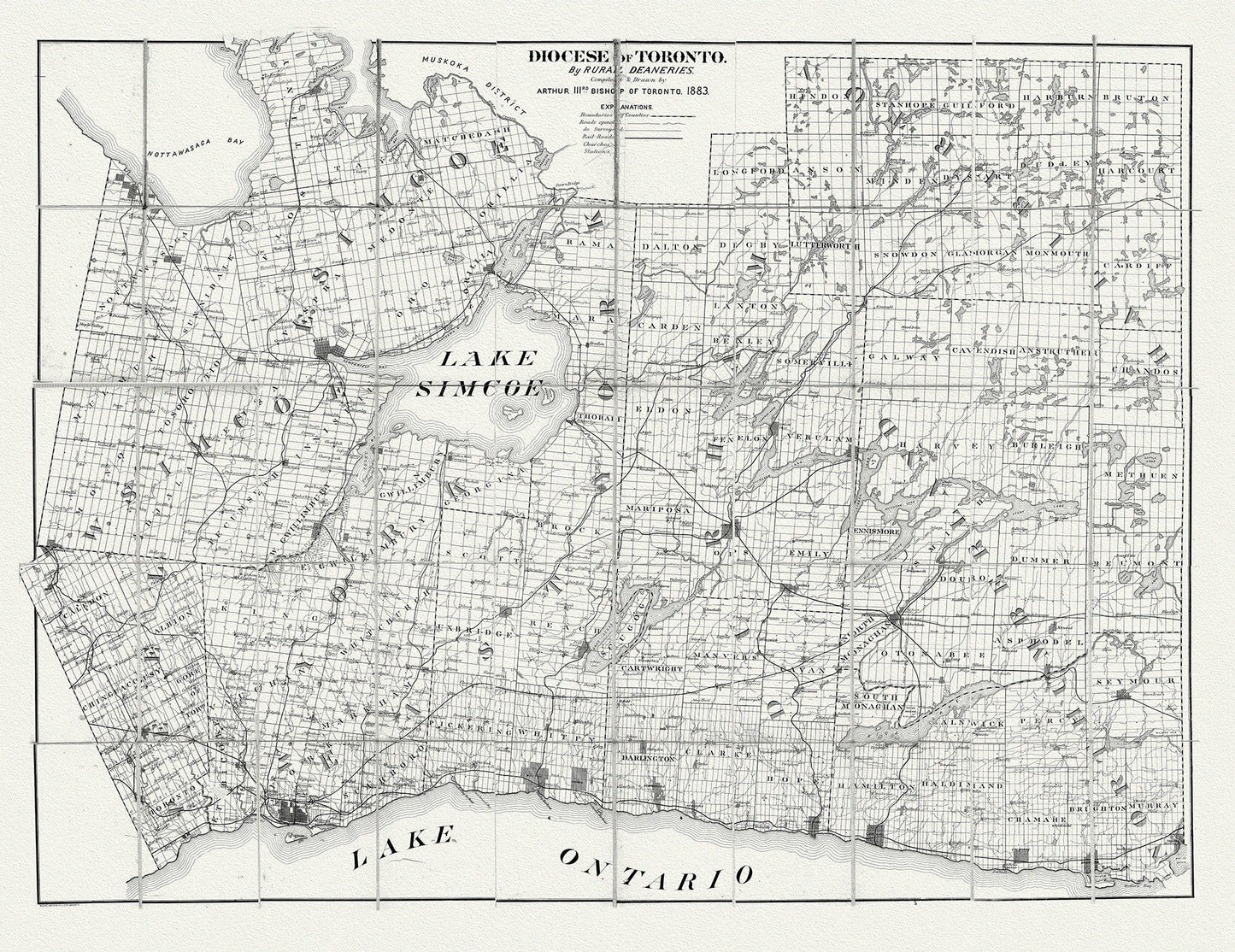 Toronto: Diocese of Toronto, 1883 , map on heavy cotton canvas, 22x27" approx. - The Map Chest