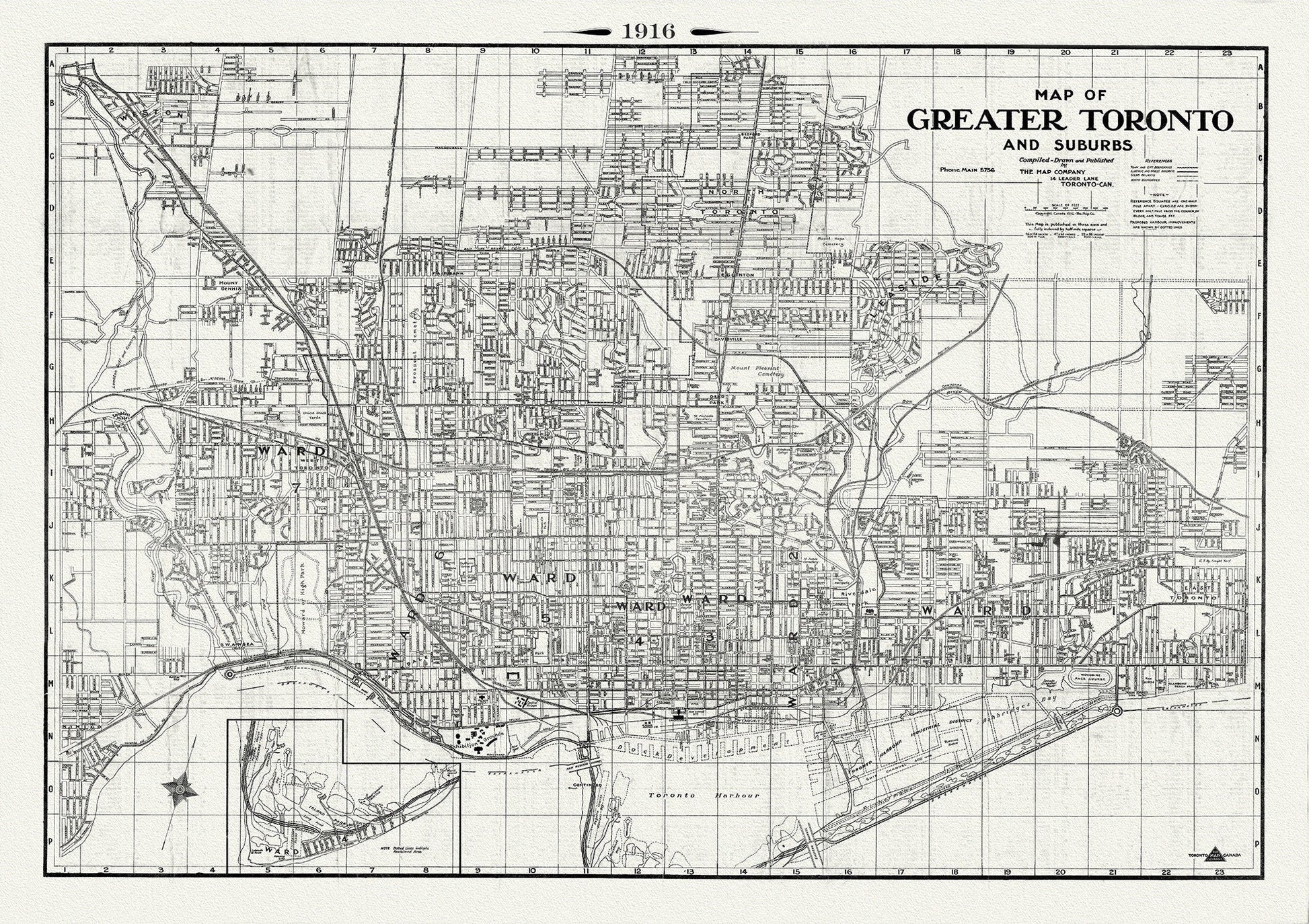Toronto: Map of Greater Toronto & Suburbs, 1916 , map on heavy cotton canvas, 22x27" approx. - The Map Chest