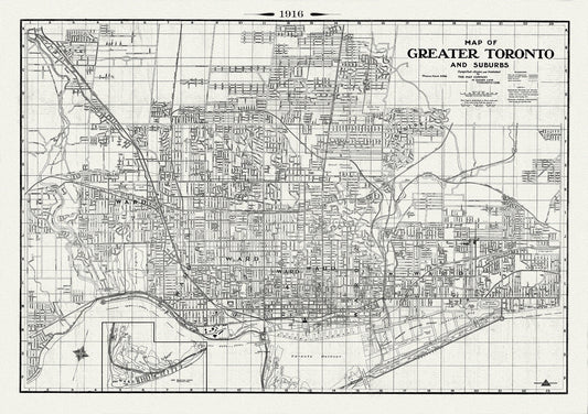 Toronto: Map of Greater Toronto & Suburbs, 1916 , map on heavy cotton canvas, 22x27" approx. - The Map Chest