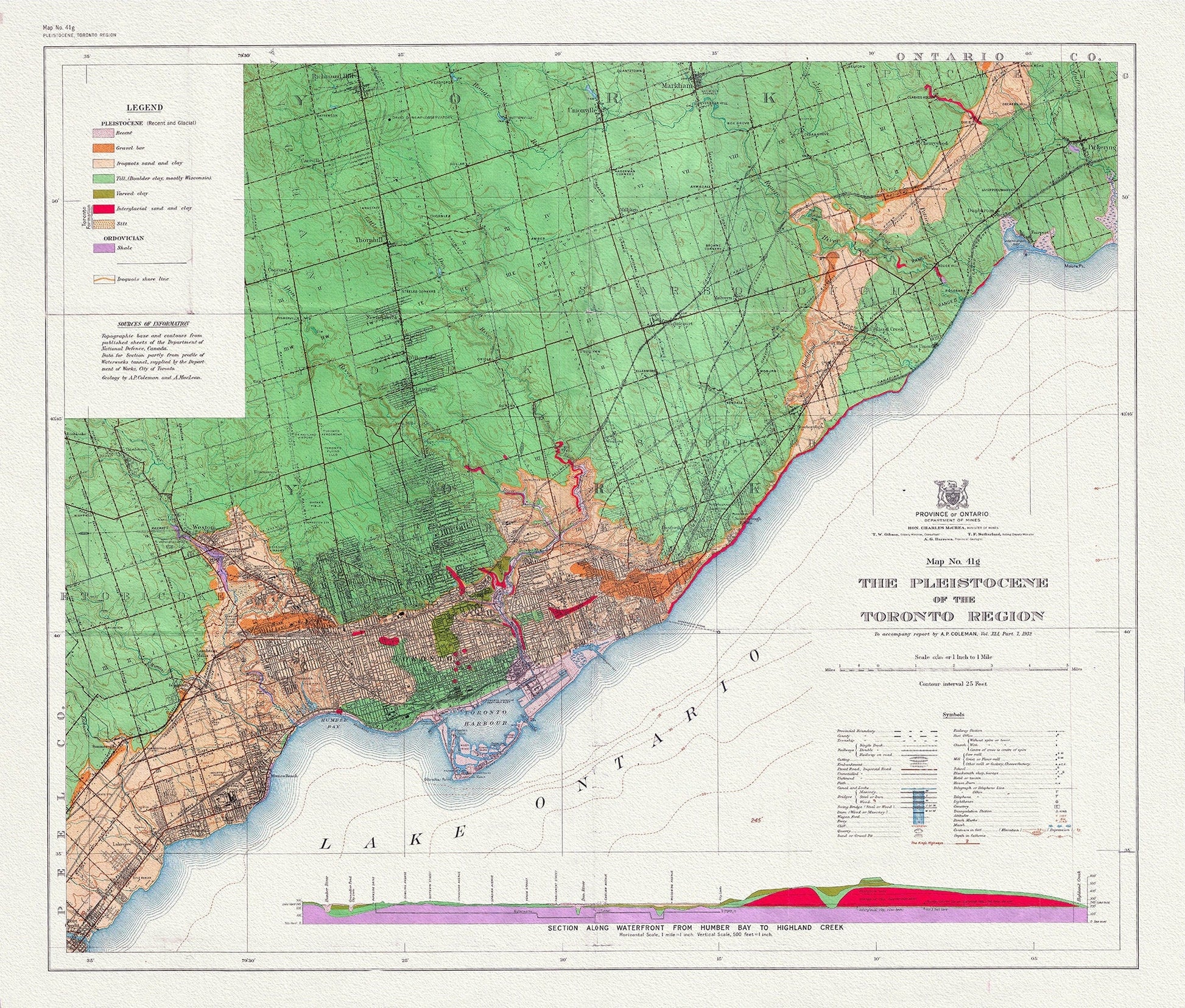 Toronto: Map of the Pleistocene of the Toronto Region, 1932 , map on heavy cotton canvas, 22x27" approx. - The Map Chest