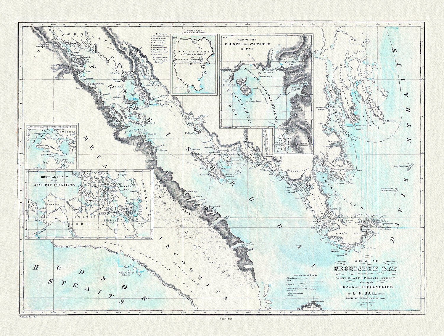 Track of Discoveries, Frobisher and Baffin areas, Hall auth., 1865 , map on heavy cotton canvas, 50 x 70 cm, 20 x 25" approx. - The Map Chest