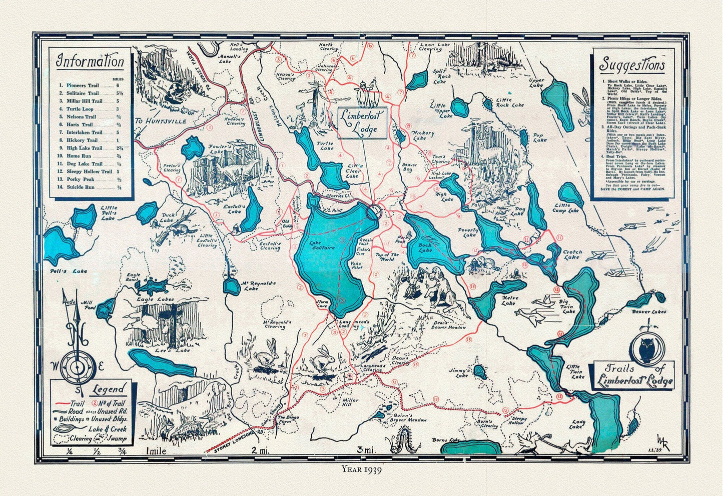Trails of Limberlost Lodge,Haliburton, Ontario, 1939, Map on heavy cotton canvas, 22x27" approx. - The Map Chest