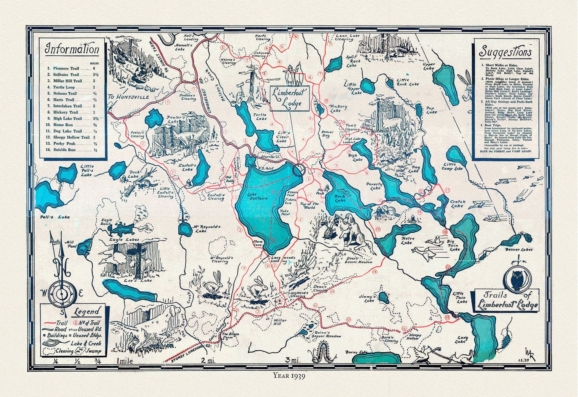 Trails of Limberlost Lodge,Haliburton, Ontario, 1939, Map on heavy cotton canvas, 22x27" approx. - The Map Chest