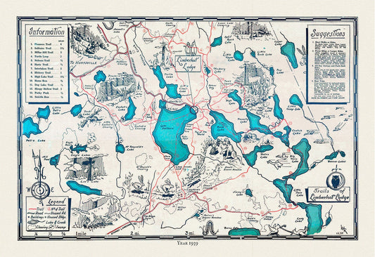 Trails of Limberlost Lodge,Haliburton, Ontario, 1939, Map on heavy cotton canvas, 22x27" approx. - The Map Chest